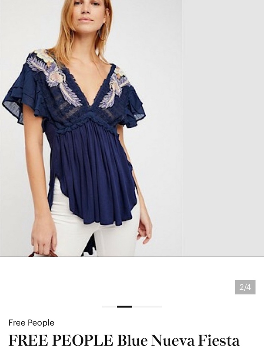 Free People Navy Embroidered V-Neck Flutter Sleeve Top